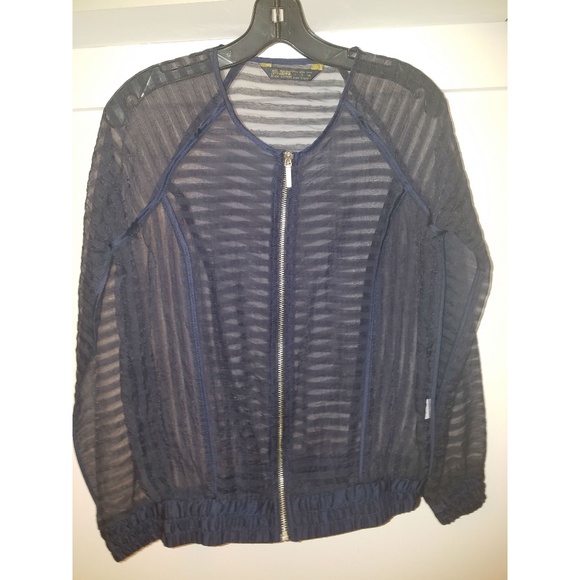 Zara Navy Striped Sheer Zip-Up Jacket (Never Worn) - Picture 1 of 2